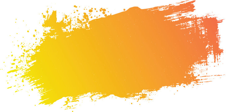 Yellow orange gradient paint splash brush stroke with splatter effect on white background