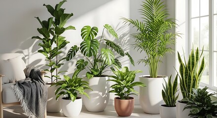 A collection of various potted plants in a bright room illustration