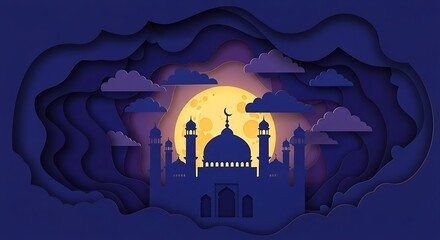 A mosque silhouette under the moonlight illustration