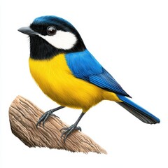 Fototapeta premium Vibrant Azure Tit Bird Perched on Branch Featuring Blue Wings and Yellow Chest