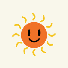 Obraz premium Happy Smiling Sun Icon with Yellow Rays on Cream Background, Summer Weather Concept