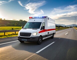 White emergency vehicle with red stripes speeds down a highway