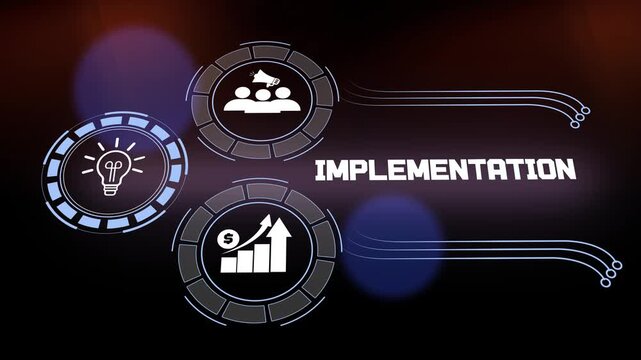 Strategic business implementation and project execution motion graphic featuring teamwork and financial growth symbols