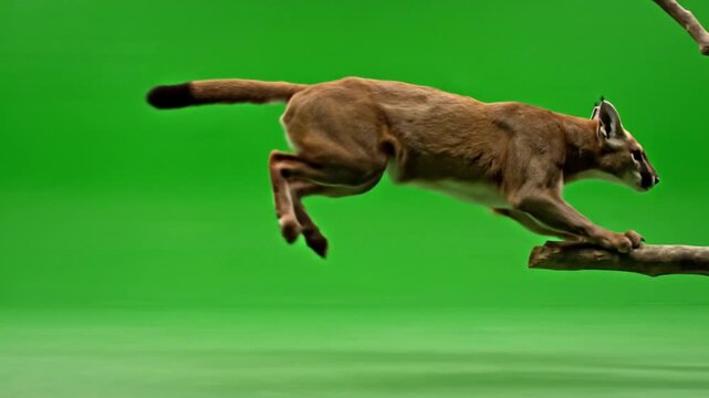 A caracal, a medium-sized wild cat, leaps gracefully from a tree branch against a vibrant green screen background.