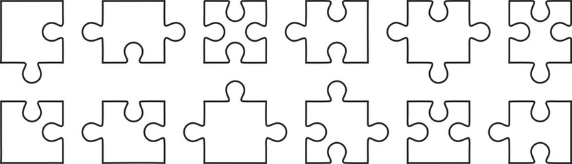 Obraz premium Outline puzzle piece pattern forming a seamless jigsaw background. Minimal black line puzzle layout for teamwork, strategy, or problem solving concepts. Clean abstract connection design.