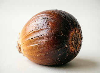 A close-up shot of a roasted chestnut with a cracked skin, exuding a sense of warmth and coziness, perfect for autumn and winter themes