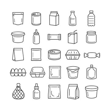 Variety of food and beverage packaging icons in simple line art style.