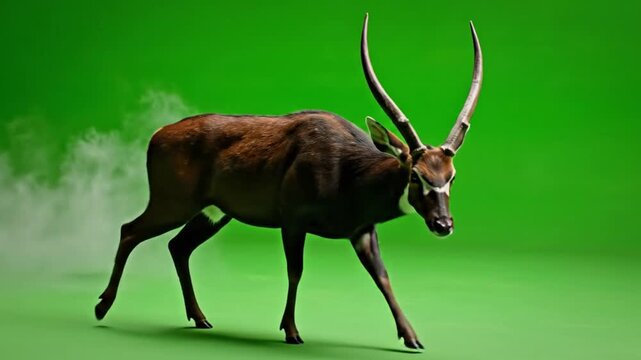 A majestic sable antelope with long curved horns walks across a vibrant green background, showcasing its elegant stride and dark coat.