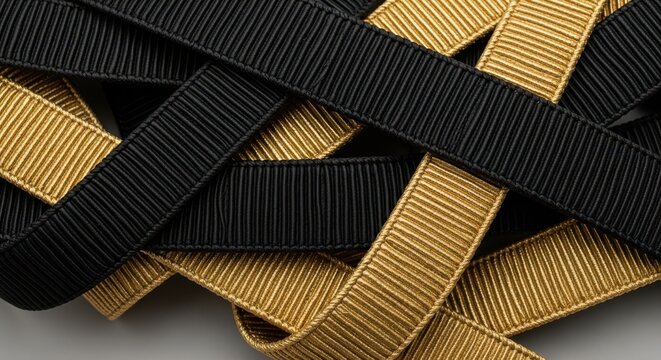 Close up of black and gold woven elastic straps overlapping each other on a gray surface