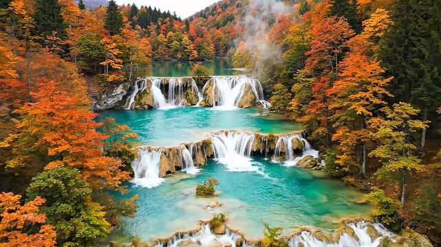 Aerial footage showing multi tiered turquoise waterfalls cascading through vibrant orange autumn forest at Plitvice national park
