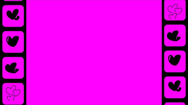 "Valentines Day Film Frame Border with Animated Scrolling Hearts on Pink Background Green Screen"