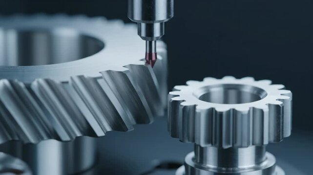 Close-up of a coordinate measuring machine with a red stylus probe precisely measuring a metal gear. Industrial technology for quality control in manufacturing.