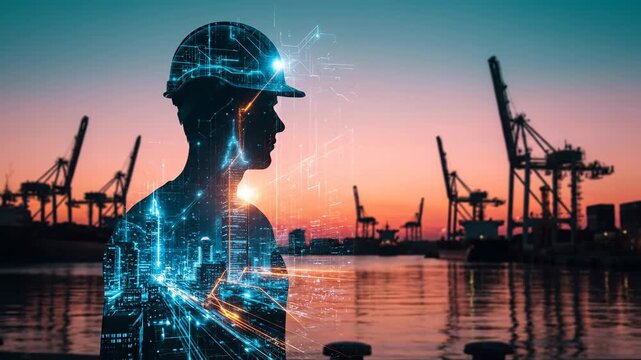 Futuristic construction worker silhouette with digital overlay against a sunset harbor backdrop. Features industrial cranes and waterfront.