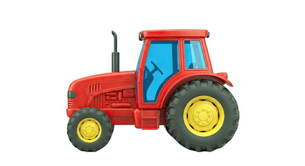 Fototapeta premium Red cartoon tractor with yellow wheels and blue windows
