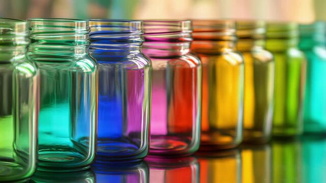 Colorful jars are lined up in a row showcasing various hues and patterns in bright light