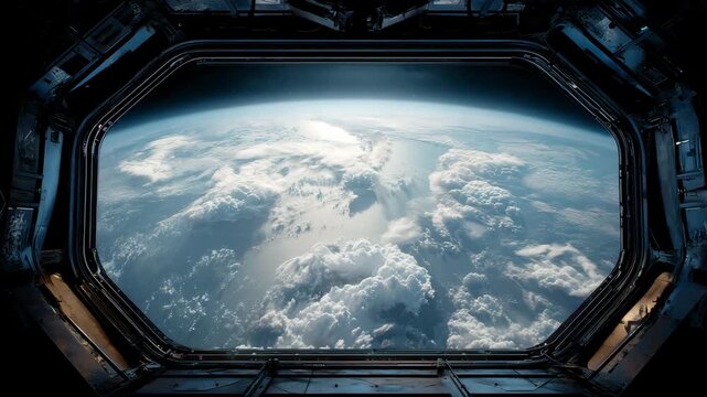 Observing Earth from a spacecraft window shows clouds and oceans at a high altitude in outer space