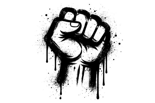 Grunge style raised fist symbolizing strength and unity with dripping paint effect