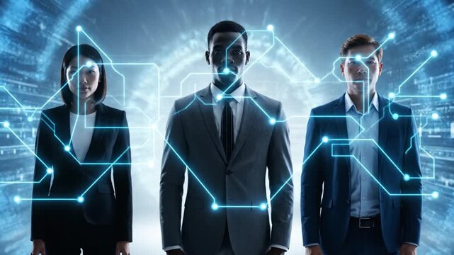 Modern corporate leader surrounded by holographic digital interface and data network. Artificial intelligence, cybersecurity and innovation concept.