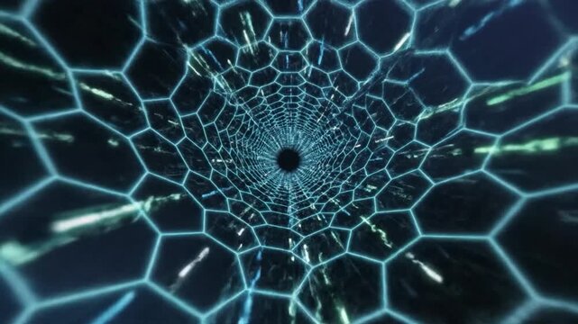 Abstract digital tunnel with glowing hexagonal patterns creating a futuristic
