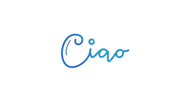 Ciao text word One line continuous animated typography intro outro animation video, hand drawn calligraphy monoline lettering vintage single line handwriting italian greeting blue  type on white bg