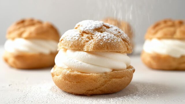 Delicious Cream Puffs with Powdered Sugar on a White Surface.