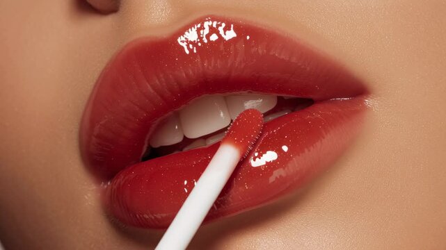 Glossy red lip gloss applied smooth lips, close up of glossy lips with red lip gloss, 4k video.