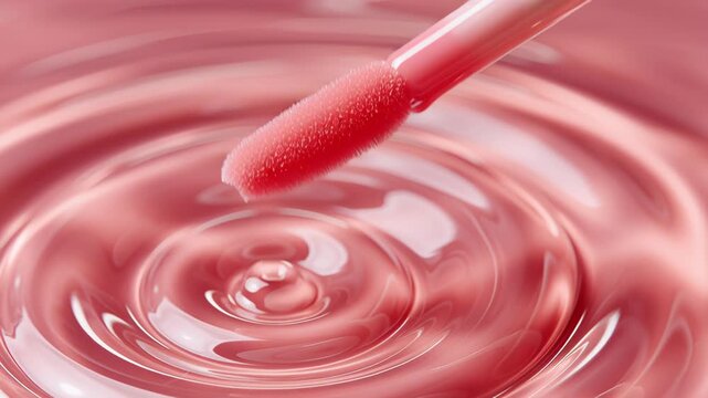Lip gloss applicator dripping pink liquid drop creating smooth ripple effect on shiny glossy surface soft beauty care concept, 4k video.