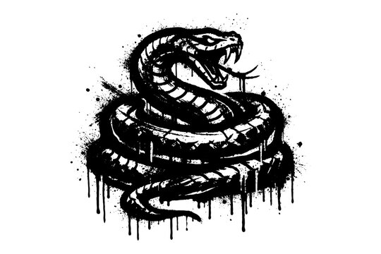 Fierce snake with splatter effect: monochrome tattoo art