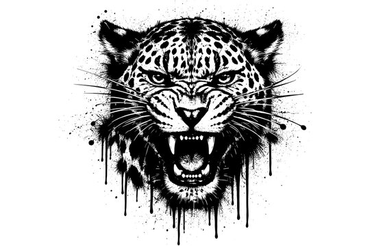 Dynamic ink splatter leopard head in aggressive black and white art style