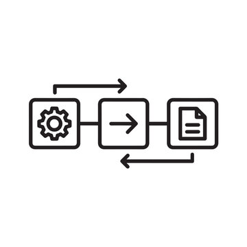 Simple black line icon illustrating a business process workflow involving settings an action and final document output