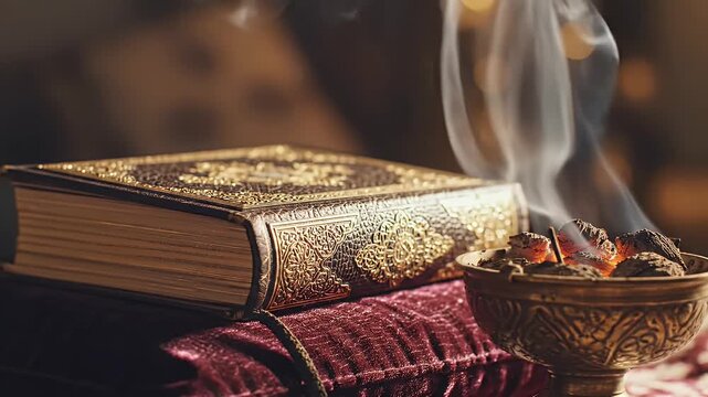 A close-up shot of a decorative, ornate book next to a smoking incense bowl. The atmosphere is warm and inviting