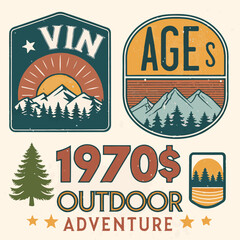 Obraz premium Vintage 1970s Outdoor Adventure Badge Set - Retro Mountain and Forest Exploration Logos with Distressed Texture