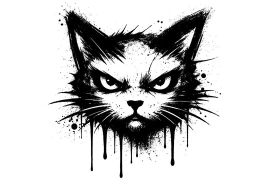 Grunge cat face with splatter effects on white background