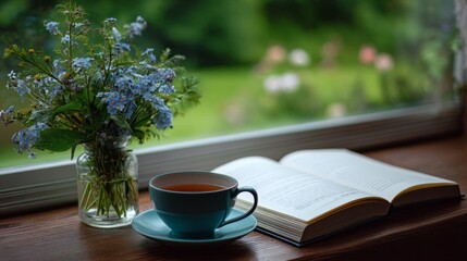 Open book on a rustic wooden table with rosemary sprig, warm tea, and potted herbs by a sunlit window