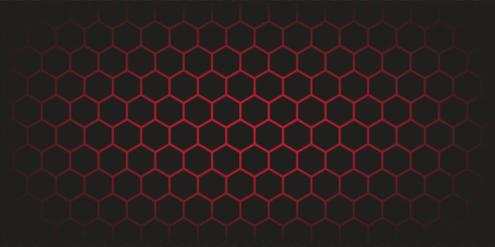 Dark hexagonal technology vector abstract background. Red bright energy flashes under hexagon in modern technology futuristic background vector illustration. Dark and turquoise 3d honeycomb texture.