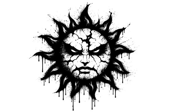Grunge sun with fierce face and dripping paint effect in black and white
