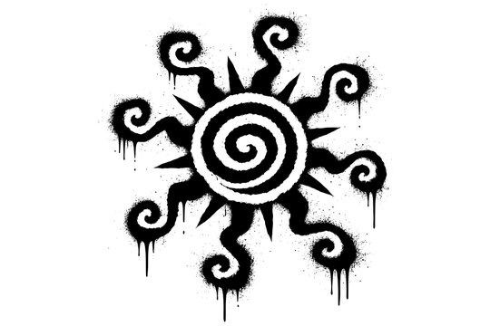 Tribal sun graffiti with spirals and dripping ink on white background