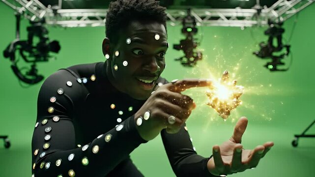 A man in a motion capture suit reacts with surprise to a glowing object. Green backdrop