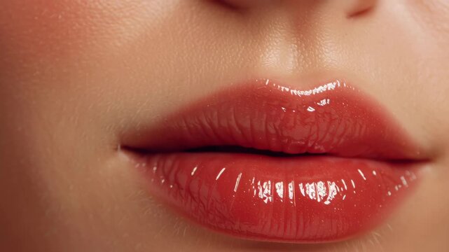 Glossy red lip gloss close up with smooth skin texture shiny lips highlighting natural beauty, 4k video.