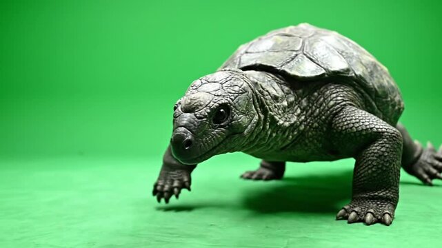A detailed close-up of a dark grey turtle-like creature with a textured shell on a vibrant green background.