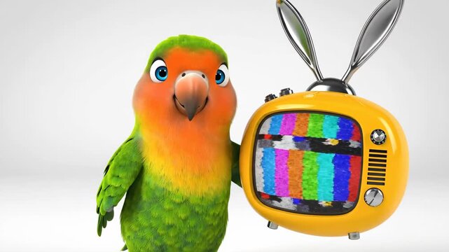 Colorful parrot cartoon character presenting retro television set for entertainment