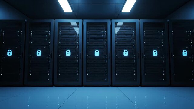 A secure server room with multiple dark racks, each featuring a glowing blue padlock icon symbolizing data security. The space is illuminated by overhead strip lights.