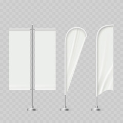 Realistic White Advertising Flag Mockup Set. Vector Feather, Teardrop and Rectangular Beach Banner Templates on Metal Stands.