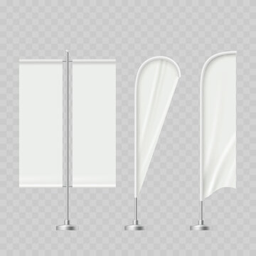 Realistic White Advertising Flag Mockup Set. Vector Feather, Teardrop and Rectangular Beach Banner Templates on Metal Stands.