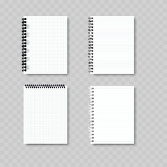 Realistic Spiral Notebook Mockup Set. Vector Lined, Grid and Squared Notepad Templates with Wire Binding.