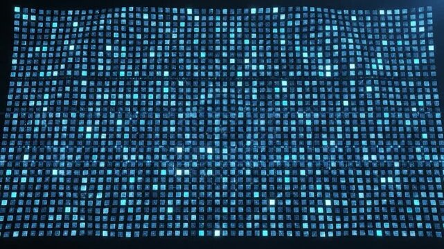 Abstract digital grid of glowing blue squares creating a dynamic wave pattern