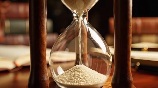 An antique wooden hourglass featuring finely sifted sand meticulously measuring the passage of time amidst scholarly leather-bound books.