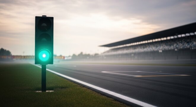 Green light shines on empty racetrack grandstands, signaling readiness