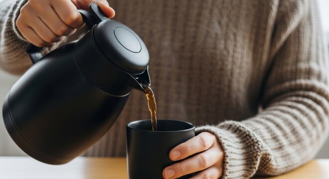 Hands pouring dark beverage from thermal carafe into mug, cozy sweater