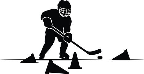 Ice hockey player practicing puck handling around cones silhouette © A. Intelligence